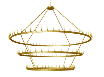 Wrought Iron Vintage Barn Metal Castile Three Tier Chandelier Industrial Loft Rustic Lighting W 122" in a Brushed Brass Finish Great for The Living Room, Dining Room, Foyer and Entryway, Family Room, and More - Gold