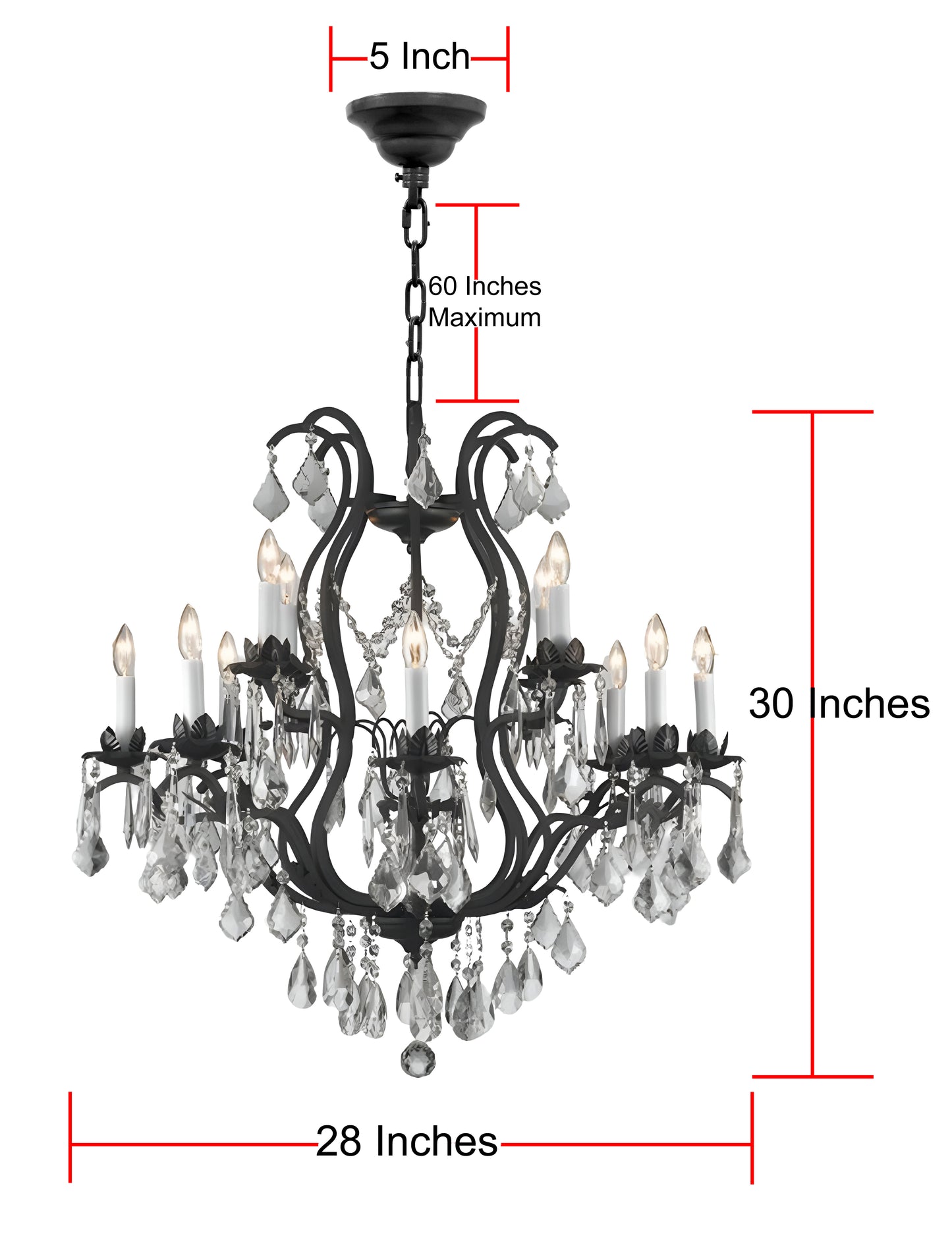 Wrought Iron Crystal Chandelier H30" X W28"