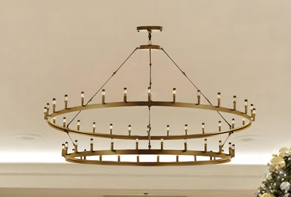 Vintage Elegance Wrought Iron Castile Two-Tier Chandelier (W 63" H 60") in Brushed Brass Finish - Ideal for Living Rooms, Dining Rooms, Foyers, Entryways, Family Rooms, and More