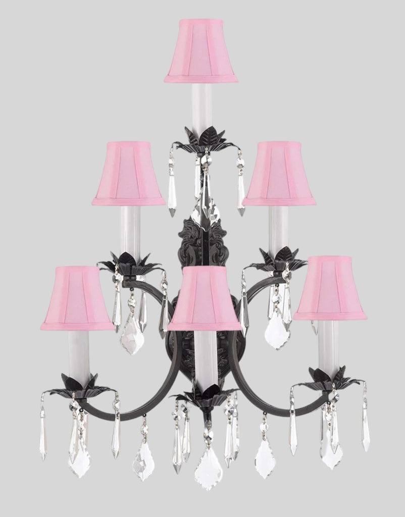 Swarovski Crystal Trimmed Wrought Iron 3 tier Wall Sconce! w/Pink Shades