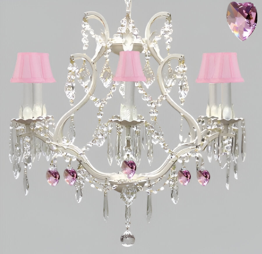 Wrought Iron &amp; Crystal Chandelier Authentic Empress Crystal(Tm) Chandelier With Pink Hearts Nursery Kids Girls Bedrooms Kitchen Etc. With Pink Shades