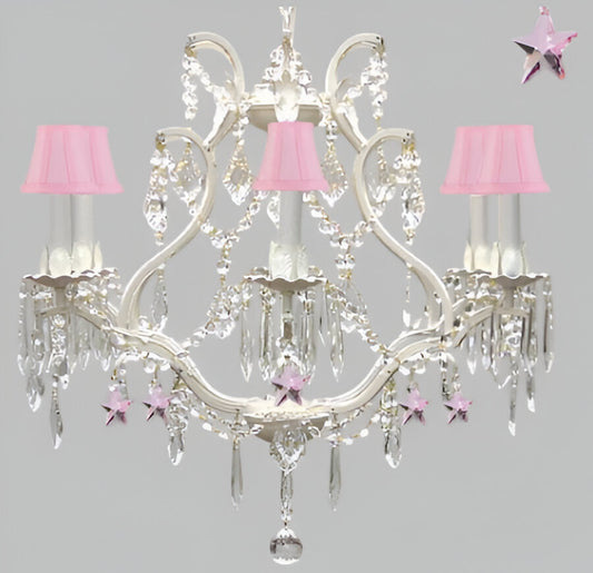 Wrought Iron &amp; Crystal Chandelier Authentic Empress Crystal(Tm) Chandelier With Pink Stars Nursery Kids Girls Bedrooms Kitchen Etc. With Pink Shades