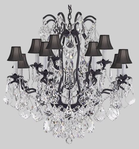 Wrought Iron Crystal Chandelier Chandeliers Lighting Dressed With High Quality Diamond Cut Crystal! Good for Dining Room, Foyer, Entryway, Family Room, Bedroom, Living Room and More!