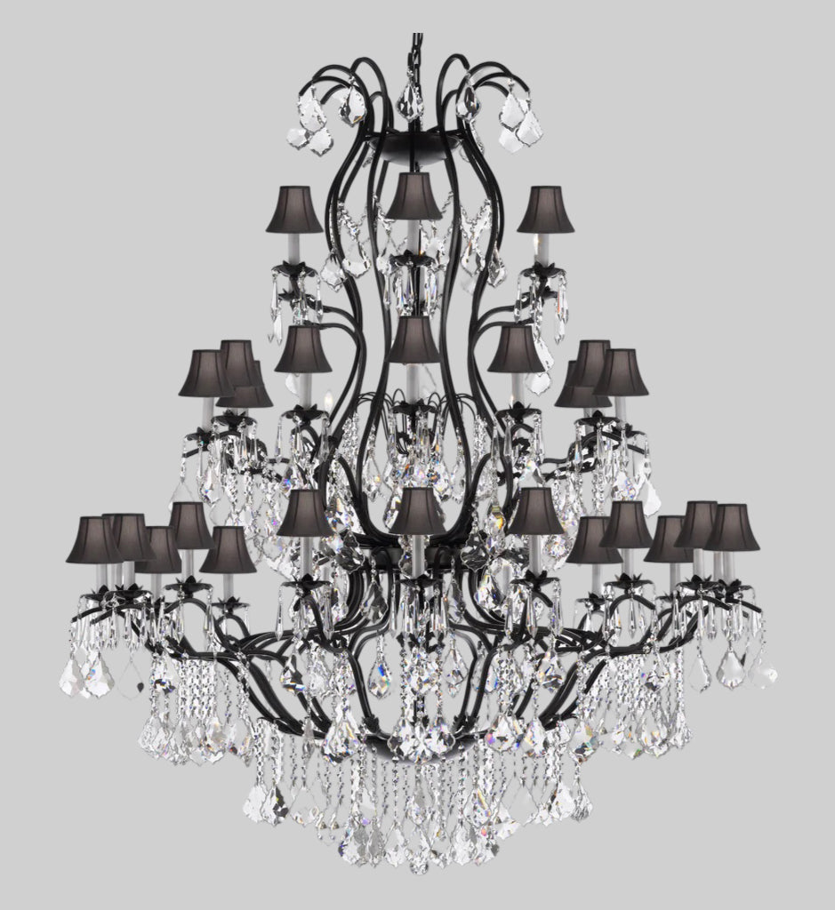 Swarovski Crystal Trimmed Chandelier Large Foyer / Entryway Wrought Iron Chandelier Lighting With Crystal And Black Shade