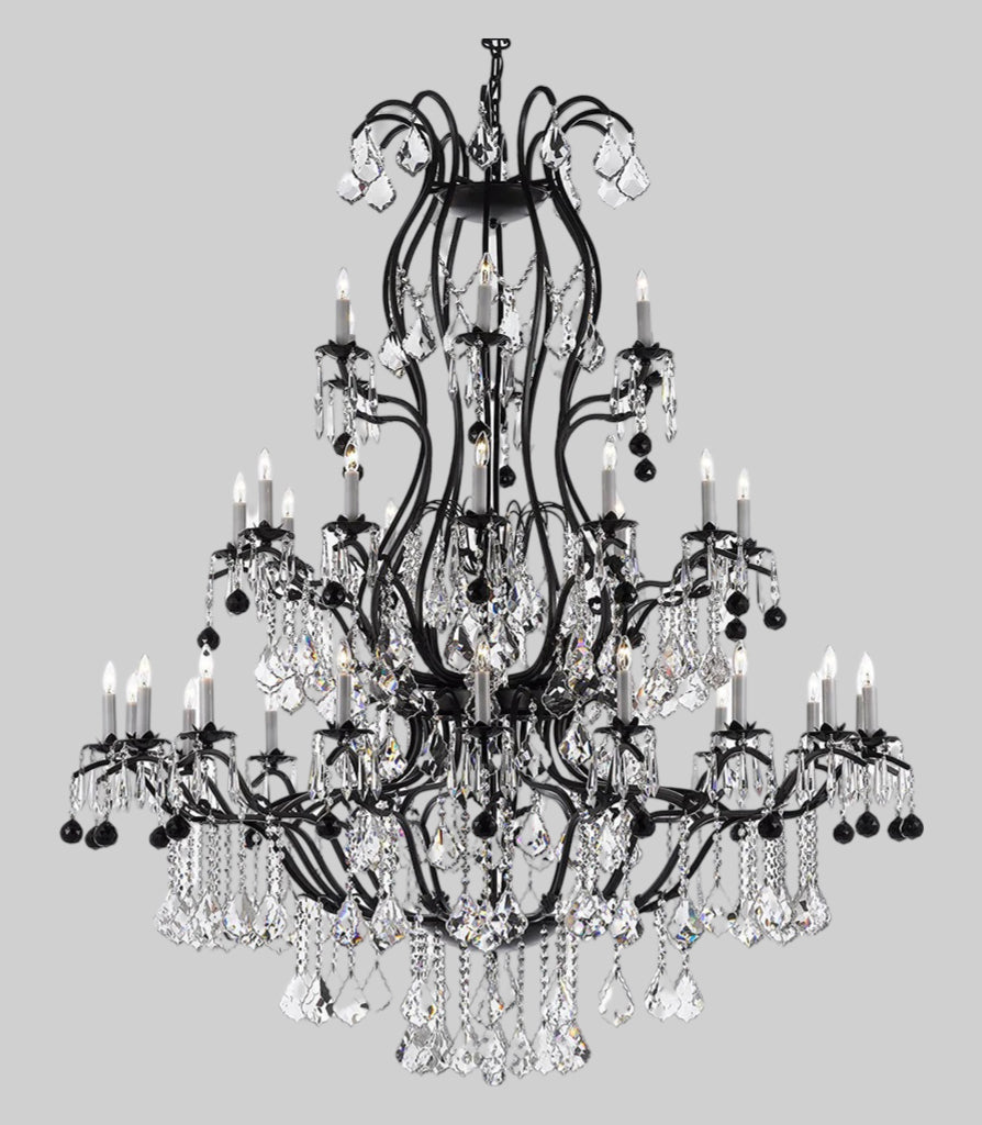 Large Wrought Iron Chandelier Chandeliers Lighting With Jet Black Crystal Balls! Great for the Entryway, Foyer, Family Room, Living Room!