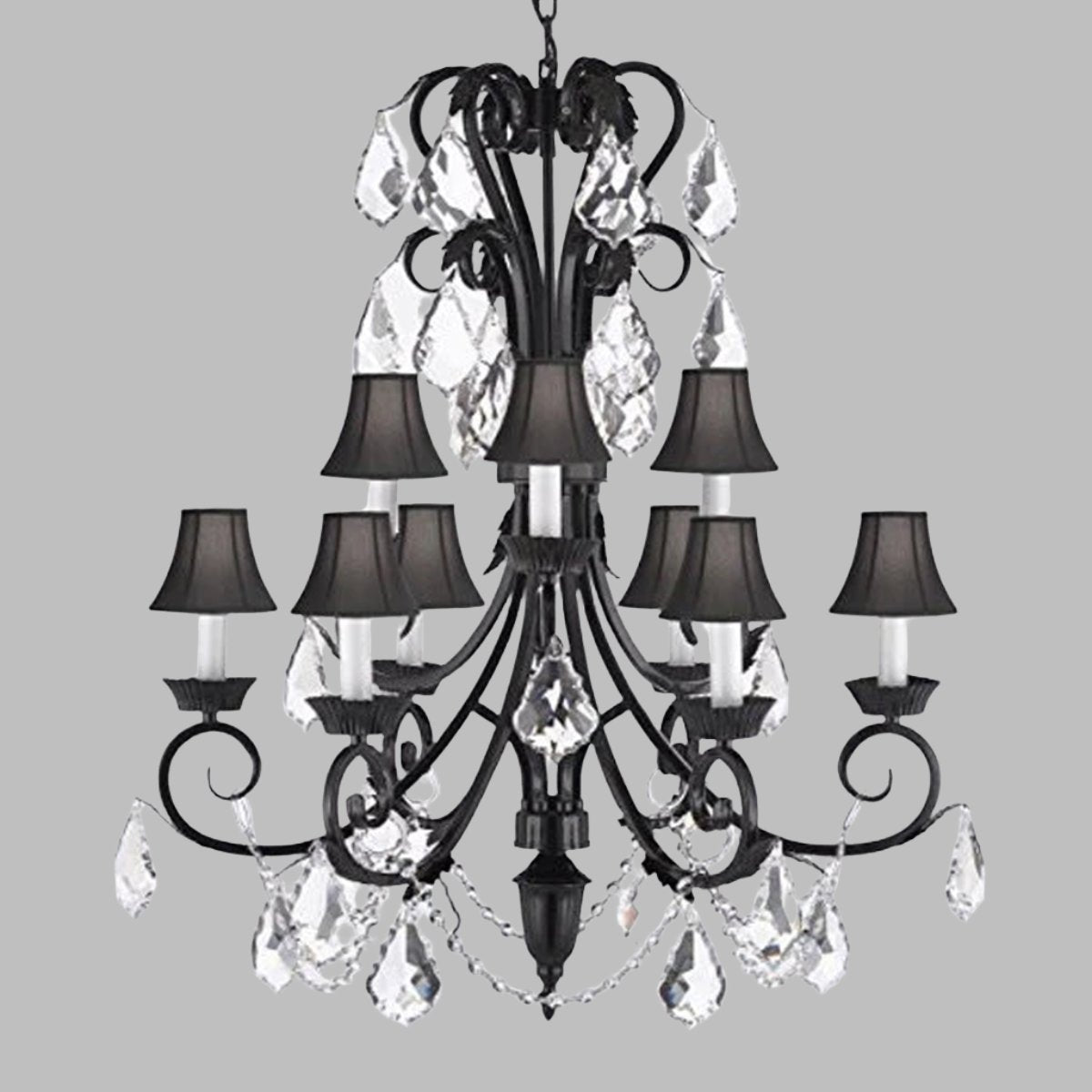 Wrought Iron (Tm) Chandelier Tall With Crystal And Shades Trimmed With Spectra (Tm) Crystal - Reliable Crystal Quality By Swarovski