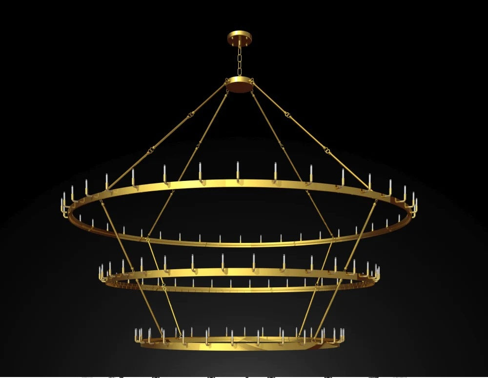 Wrought Iron Vintage Barn Metal Castile Three Tier Chandelier Industrial Loft Rustic Lighting W 86" in a Brushed Brass Finish Great for The Living Room, Dining Room, Foyer and Entryway, Family Room, and More