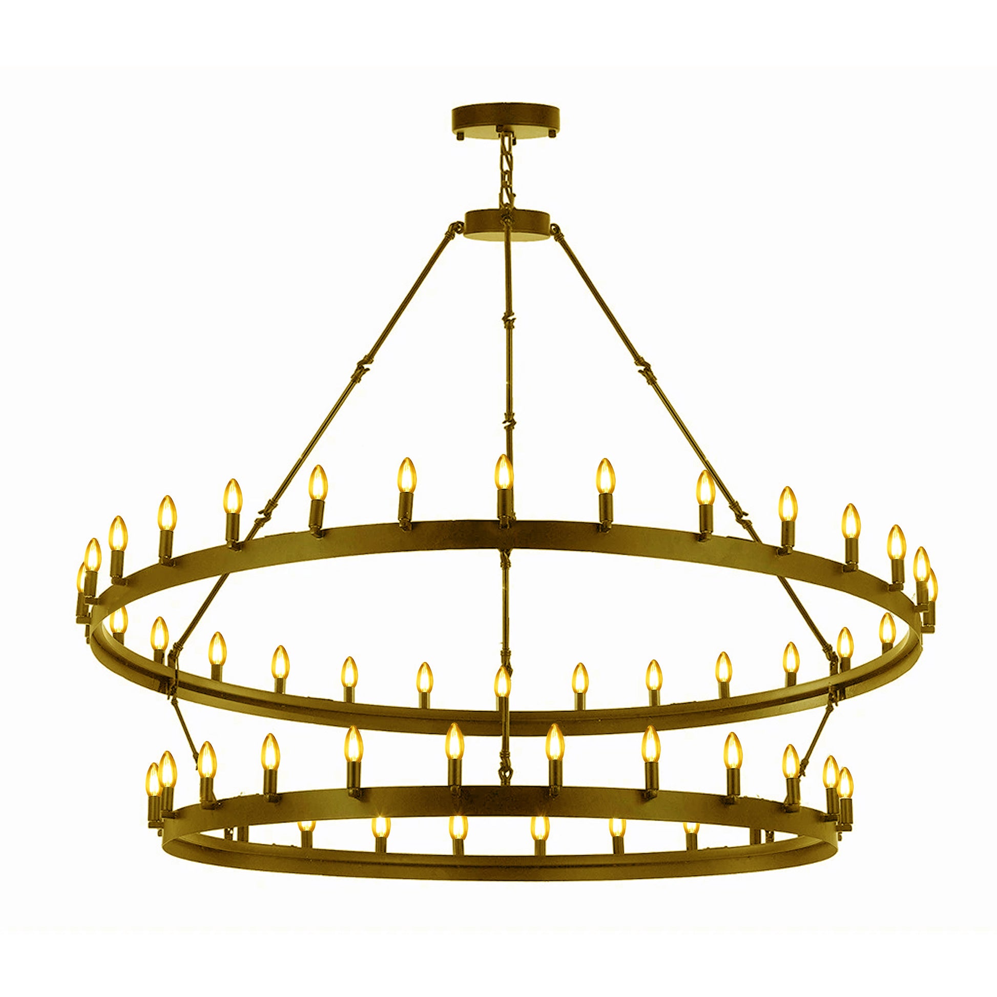 Wrought Iron Vintage Barn Metal Castile Two Tier Chandelier Chandeliers Industrial Loft Rustic Lighting in a Brushed Brass Finish!