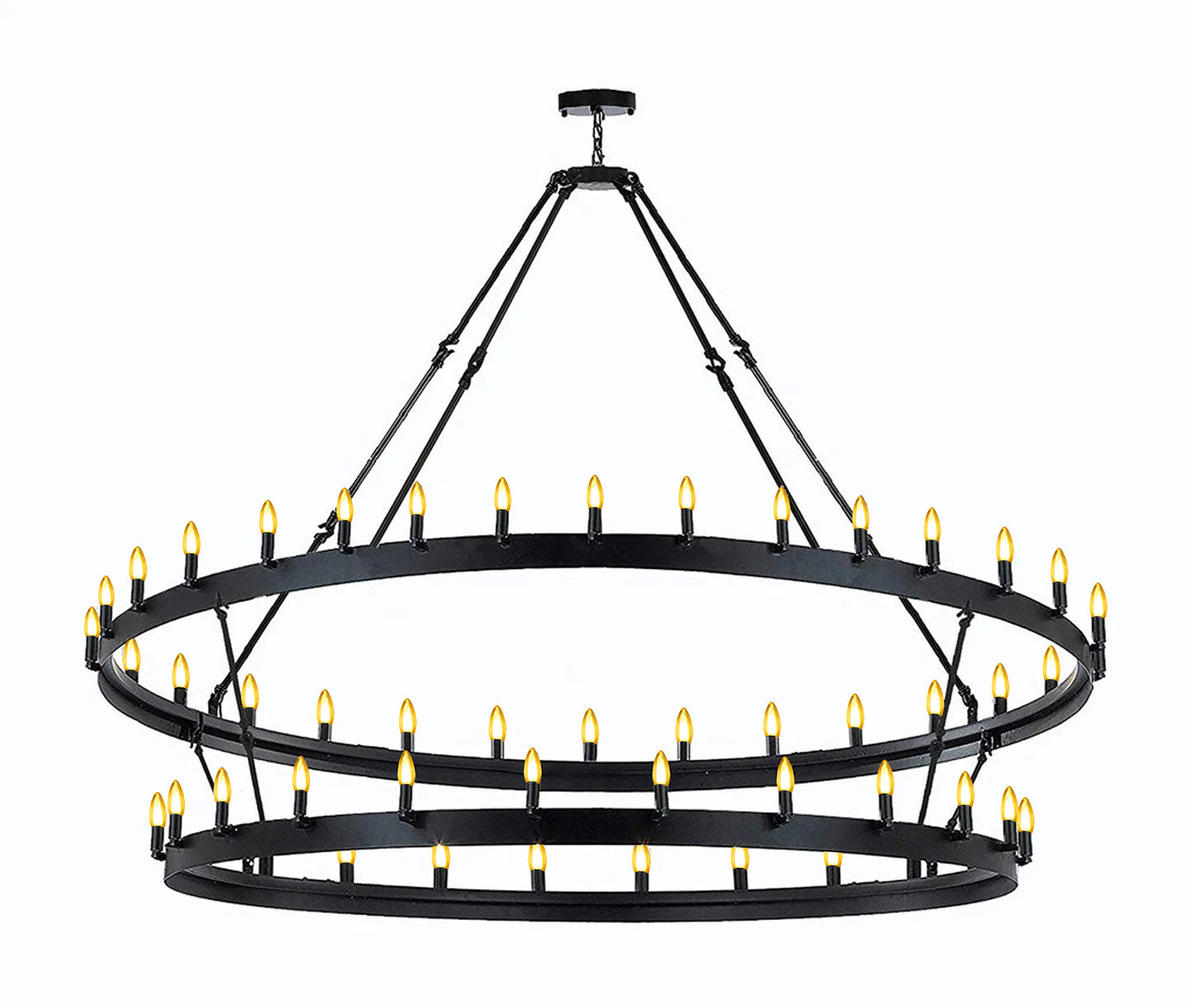 Introducing the Wrought Iron Vintage Barn Metal Castile Two Tier Chandelier, a masterpiece of industrial loft design that adds a touch of rustic sophistication to your space. With its impressive dimensions of W70" x H66", this chandelier stands as a statement piece, commanding attention and admiration.