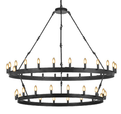 Elevate the ambiance of your living space with the Rustic Elegance of the Wrought Iron Vintage Barn Metal Castile Two Tier Chandelier. This industrial loft-inspired chandelier is meticulously crafted to bring a touch of warmth and charm to your home.