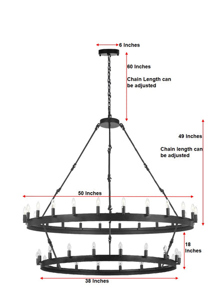 Charm in Layers Wrought Iron Vintage Barn Metal Castile Two-Tier Chandelier W 50" H 60" - Perfect for Living Rooms, Family Rooms, Foyers, and Beyond, Black - 199504201