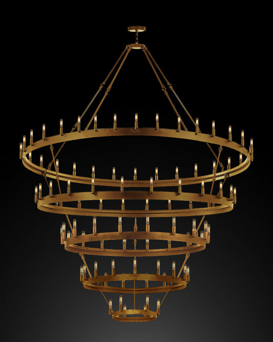Grand Illumination Wrought Iron Vintage Barn Metal Castile Five-Tier Chandelier for Industrial Loft Spaces Gold Finish (W 63" H 87")