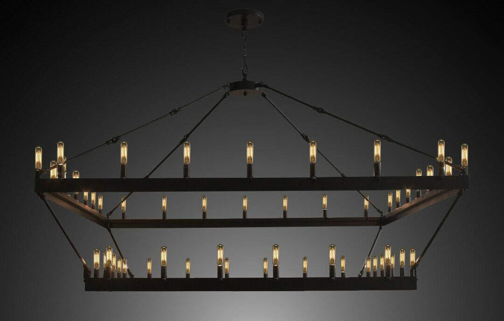 Rustic Elegance Wrought Iron Vintage Barn Metal Castile Two-Tier Square Chandelier for Industrial Loft Spaces (W 63" H 60")